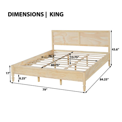 King Size Wood Platform Bed Frame with Classic Panel Headboard, Natural Finish, Solid Wood and MDF Construction, 10 Wooden Slats, No Box Spring Needed