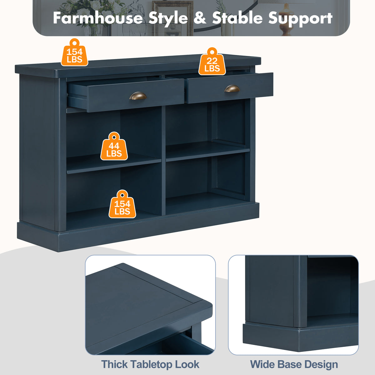 TREXM Console Table with 2 Drawers and Open Storage Shelves, Entryway Table for Living Room, Hallway and Dining Room (Navy)