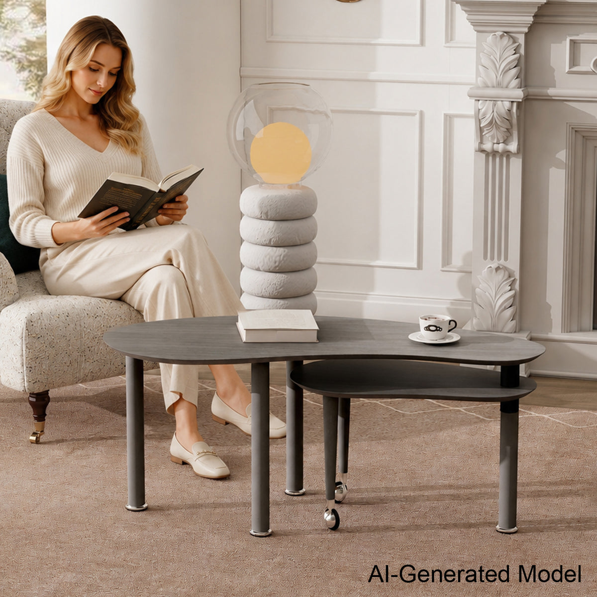 Contemporary rotatable cocktail table with solid rubber wood legs, 360 degree rotating coffee table with wood grain veneer tabletop grey brown / walnut / black finish for living room, bedroom