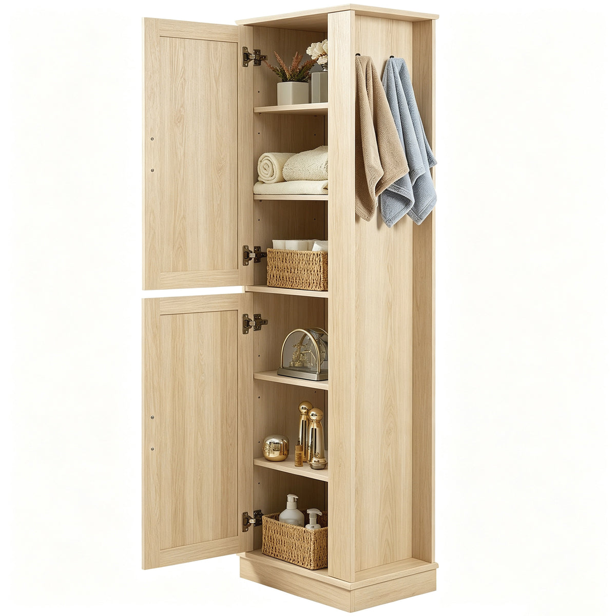 Tall Bathroom Storage Cabinet, Freestanding Storage Cabinet with Hook and Adjustable Shelf, MDF Board, Natural