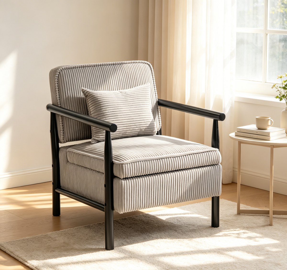 Storage Chair, Mid Century Modern Accent Chair with Wood Frame, Upholstered Living Room Chairs with Waist Cushion – Grey