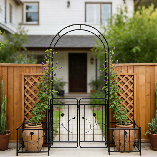 Metal Garden Arch with Gate 79.5'' Wide x 86.6'' High Climbing Plants Support Rose Arch Outdoor Black – Model W158681132