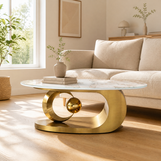 Polished Gold 201 Stainless Steel Coffee Table, Oval Faux Marble Glass Top Coffee Table, Luxury Sculptural Center Table, Modern Artistic Living Room Coffee Table, Gold Frame Accent Table