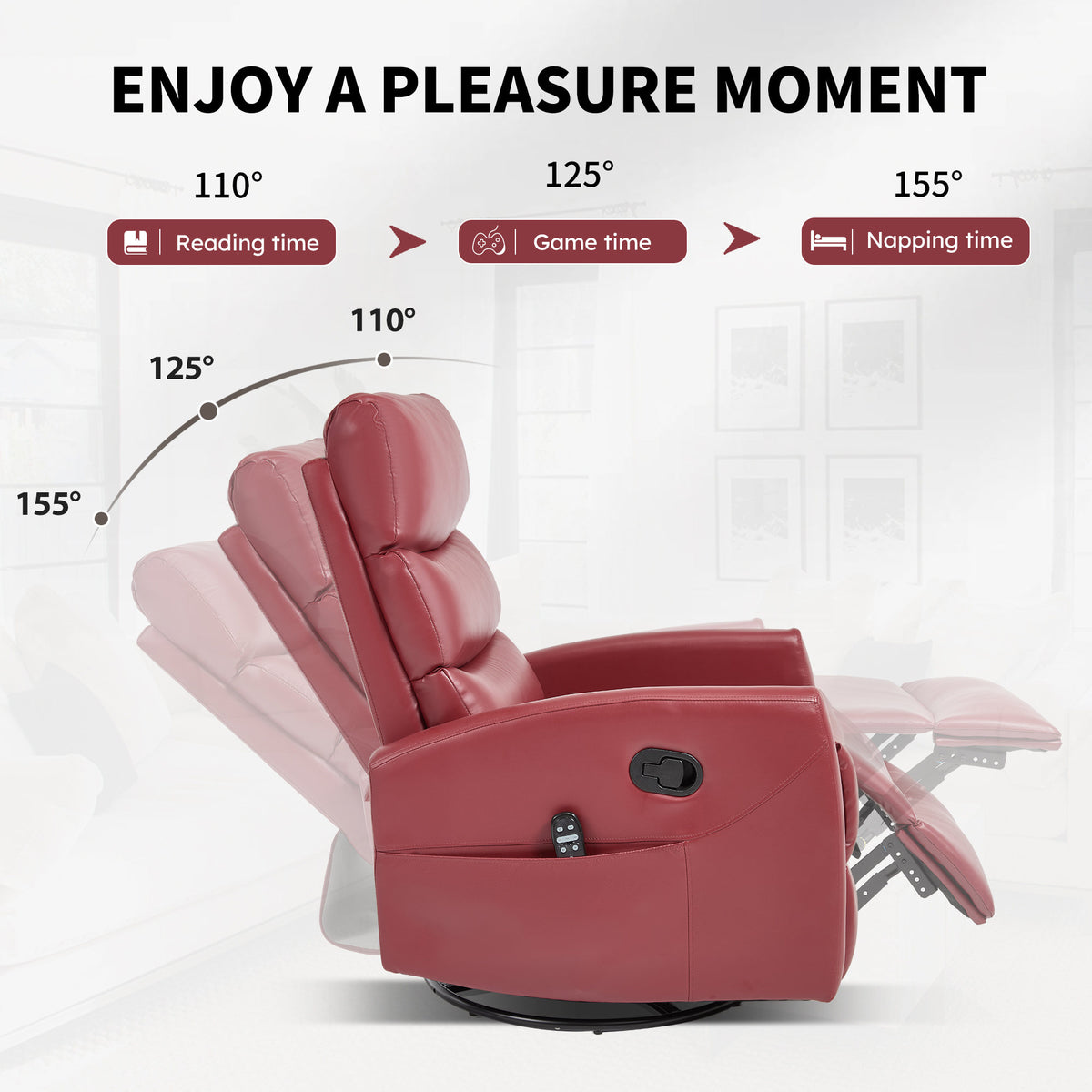 Heat Massage Manual Recliner Chair with Rocker and Swivel in Fabric, Red