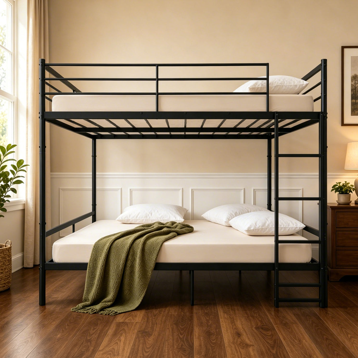 Queen over Queen Bunk Bed Metal, Heavy Duty Metal Bunk Bed with Full Guardrails and Front Ladder, Convertible into 2 Individual Queen Beds, Noise Free, No Box Spring Needed for Adults Teens, Black