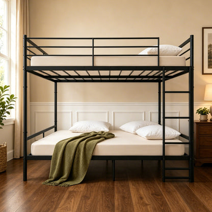 Queen over Queen Bunk Bed Metal, Heavy Duty Metal Bunk Bed with Full Guardrails and Front Ladder, Convertible into 2 Individual Queen Beds, Noise Free, No Box Spring Needed for Adults Teens, Black