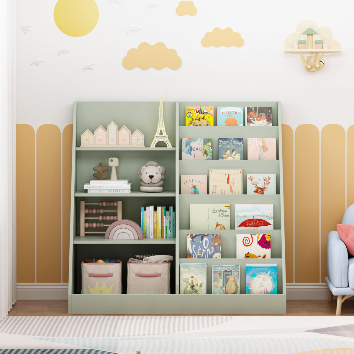 Kids Bookshelf and Toy Storage Organizer, Multifunctional 4 Tier Wooden Kids Book Shelf with  Bookcase Display Stand in Kids Room Playroom Nursery for Kids, Children, Toddlers (Sage)