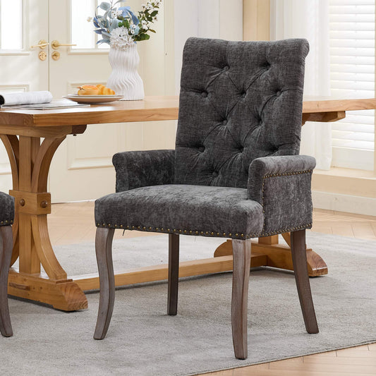 Upholstered Chenille Fabric Accent Dining Chair, Curved Solid Wood Legs, Elegant Tufted Club Dining Room Kitchen Room Arm Dining Chair, Single Pack,Gray,SW1895GY