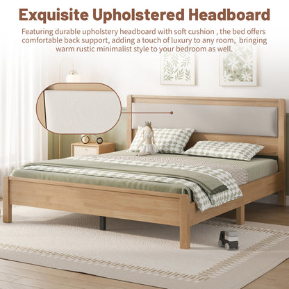 Queen Size, Solid Rubber Wooden Bed with Upholstered Headboard, Reinforced by Central Support Legs,Natural