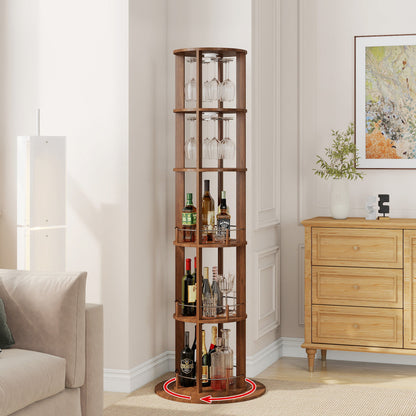 73" Tall Round Wine Rack, Freestanding Wine Bar Cabinet With 360° Rotating Design Wine Glass Rack, 360° Smooth Rotation & Stable Base, 3-Tier Storage Shelf, MDF & Metal, Walnut