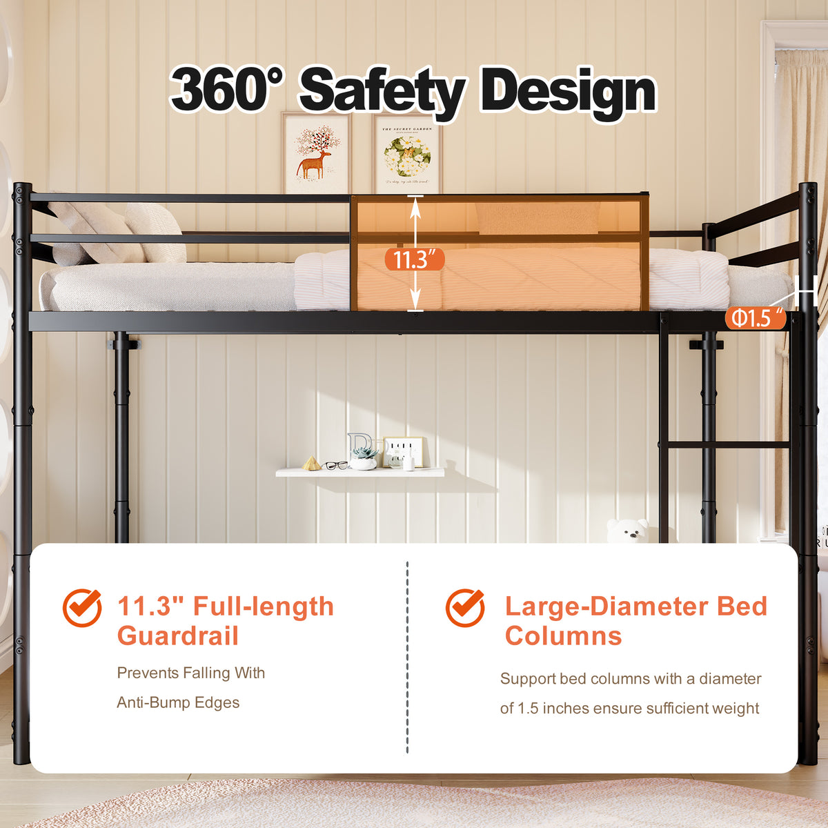 Heavy Duty Metal Twin Over Twin Bunk Bed, Convertible to 2 Separated Twin Beds, Noise-Free Steel Frame with Rubber Anti-Slip Ladder & 11.3" Guardrails, 400/485 LBS Weight Capacity, Black