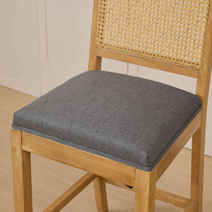 Full Solid Wood Rattan-Back Bar Stool, Matte Linen Cushion with High-Resilience Foam & S-Springs