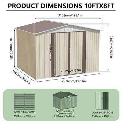 10x8 FT Metal Garden Shed with Metal Frame Hinge door design White Storage sheds Backyard Patio use