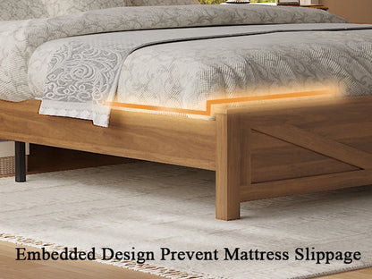 Queen size bed frame headboard with LED lights and charging station cushion platform bed frame, large bed, with headboard and hidden storage space, no box spring required, Antique,Brown