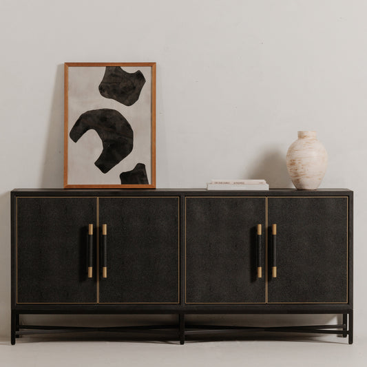 Sideboard, Shagreen Patterned Vegan Leather with Brass Legs, Black