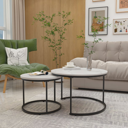 Nesting Coffee Table Set of 2, 27.6inch Round Coffee Table Wood Marble Pattern Top with Sturdy Metal Frame - White