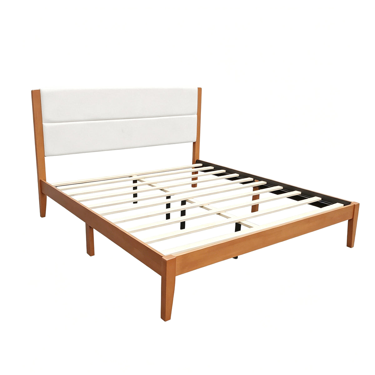 Mid-Century Modern Platform Bed Frame with Upholstered Headboard, Solid Wood Slat Support, No Box Spring Needed, Easy Assembly, King Size, Brown