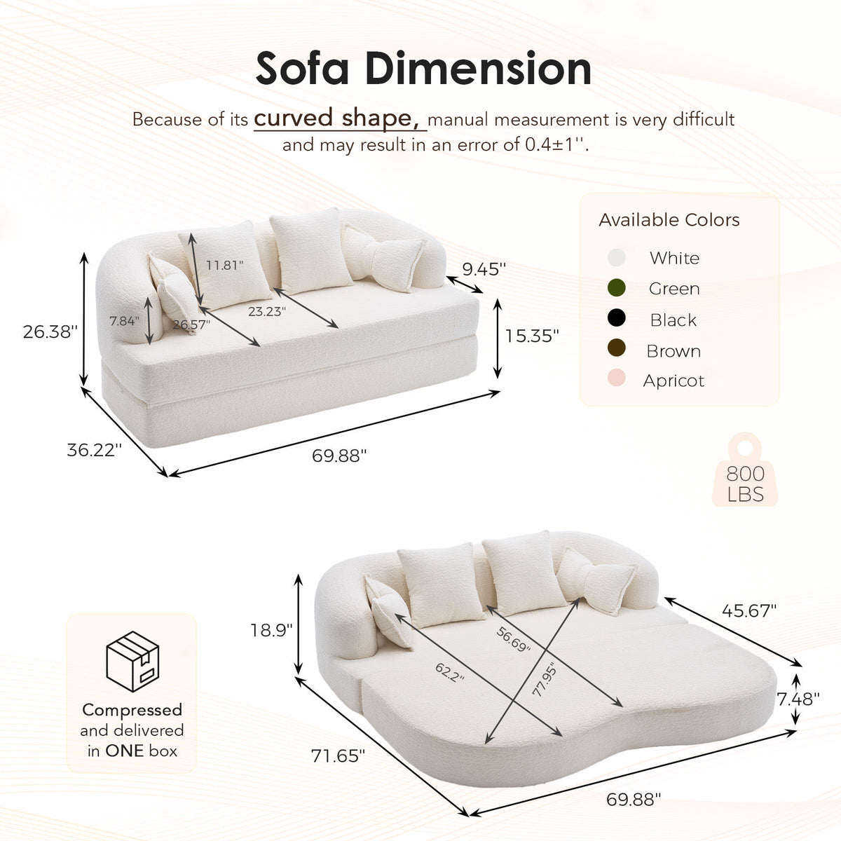(Old Sku : W2231P392100) 2-in-1 Foldable Sofa Bed,70 Inch Folding Boneless Couch Convertible Compressed Sleeper Sofabed, 4 Pillows for Living Room Apartment, Milk White