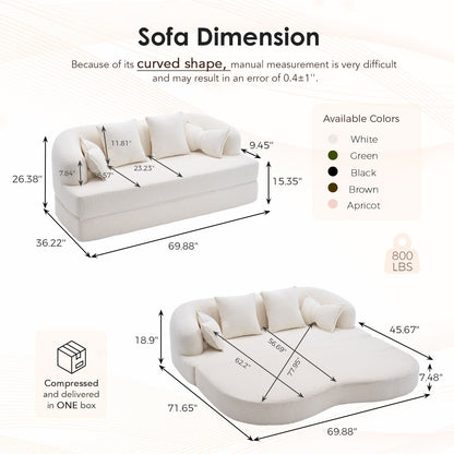 (Old Sku : W2231P392100) 2-in-1 Foldable Sofa Bed,70 Inch Folding Boneless Couch Convertible Compressed Sleeper Sofabed, 4 Pillows for Living Room Apartment, Milk White