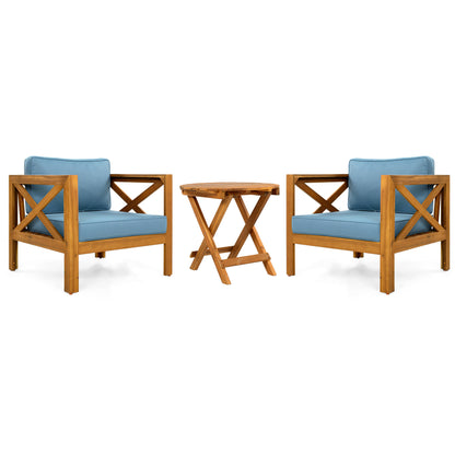 Patio Conversation Set, Outdoor Wood Conversation Seat(Set of 2), Armchair with Cushions, Foldable Acacia Wood Side Table, Teak Finish