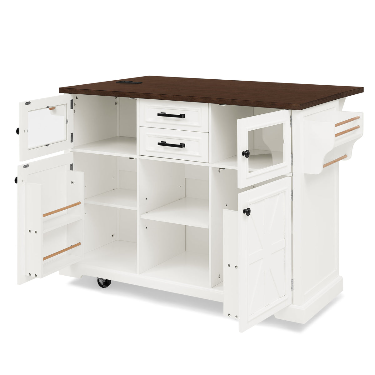 47.2" Kitchen Island with Drop Leaf, Power Outlet, Rolling Kitchen Storage Cart on 4 Wheels with 4 Door Shelves, Cross Barn Doors & Visual Glass Door for Kitchen,White