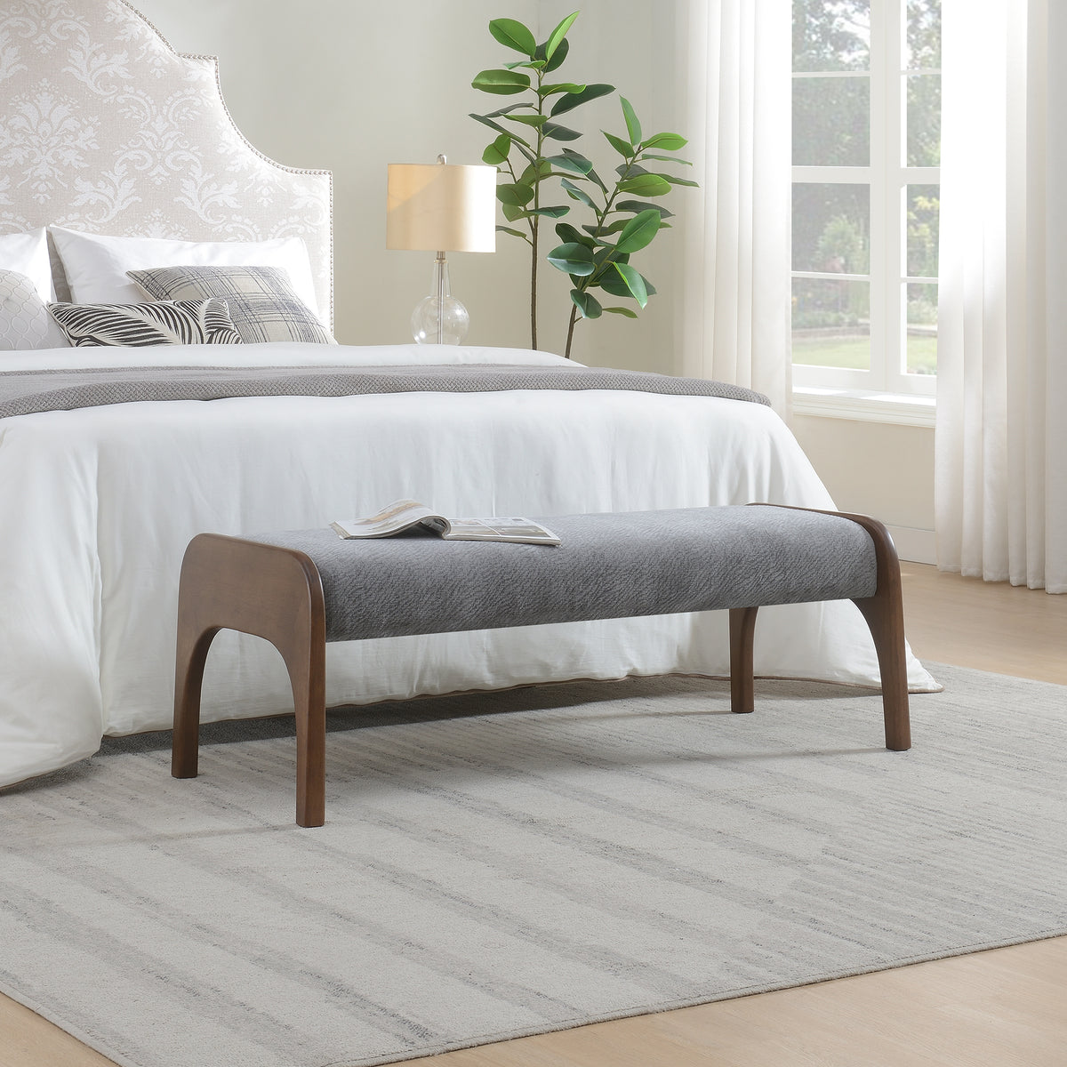 Modern Upholstered Long Bench in Chenille Grey with Rubber Wood Legs, 50.25 Inch Dining Bench for Kitchen, Bedroom, Entryway, Soft Fabric Seat, Foam Filled