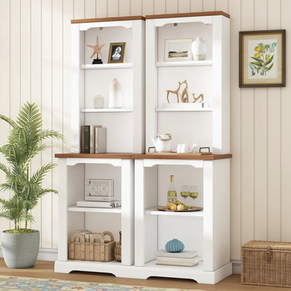 ON-TREND Two-Piece Elegant Freestanding Tall Cabinet with Fully Open Storage, Walnut Element Bookshelves with Curved Design, Stylish Display Bookcase with Anti-Tip Device for Living Room, White