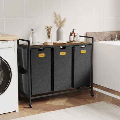 3 Section Laundry Hamper, Laundry Sorter with Wheels, Laundry Basket Organizer with Shelf & 3 Pull-Out Removable Bags, Dirty Clothes Hamper Organizer for Laundry Room Bathroom Dorm ,39.6 gallons(150L)