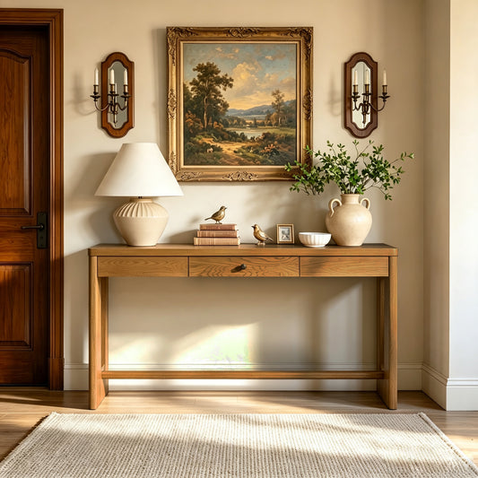 U_Style 59.8'' Wooden Entryway Table with Oak Veneer Retro Console Table With Drawer And Round Handle,Multi-Functional Sofa Table with oval cutout leg for Hallway, Entryway, Living Room