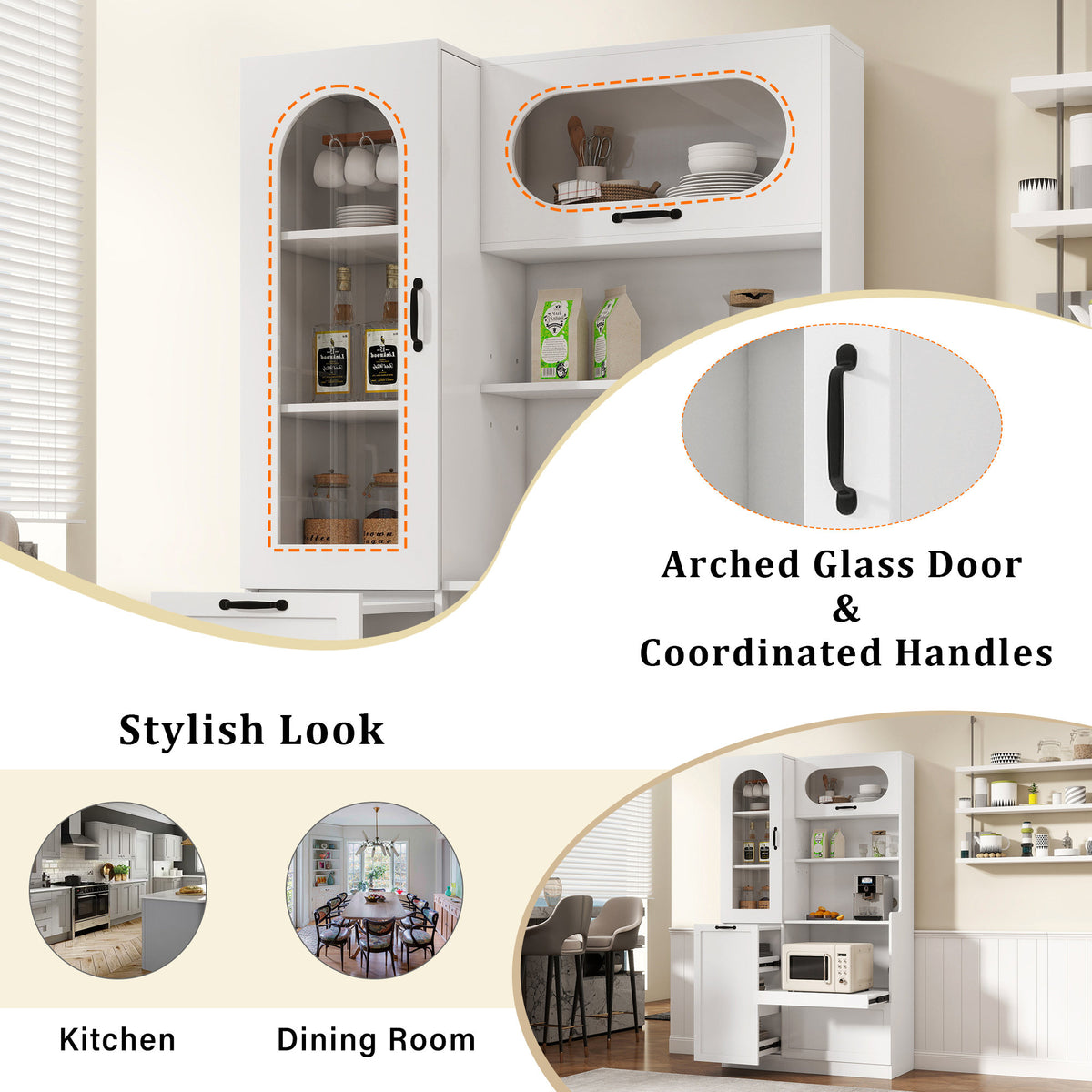 TREXM Tall Freestanding Kitchen Pantry Cabinet with Arched Glass Door, Flip-Up Cabinet Door, Pull-Out Shelves & Drawer, Adjustable Shelves, Storage Cupboard for Kitchen Dining Room (White)