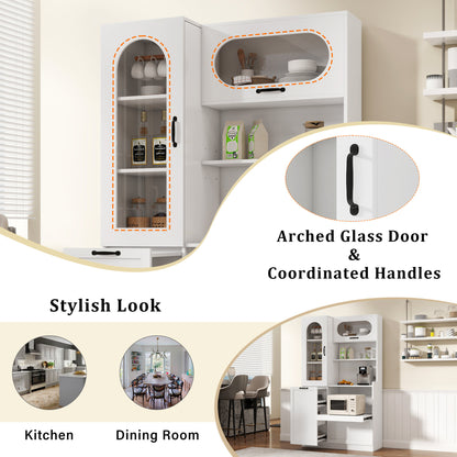 TREXM Tall Freestanding Kitchen Pantry Cabinet with Arched Glass Door, Flip-Up Cabinet Door, Pull-Out Shelves & Drawer, Adjustable Shelves, Storage Cupboard for Kitchen Dining Room (White)