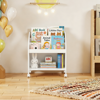Kids Bookshelf with Wheels, 3-Tier Front Display Bookcase, MDF Rolling Book Organizer with 360° Lockable Casters, Children Storage Shelf for Nursery Bedroom Playroom
