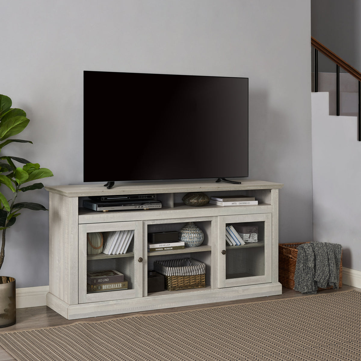 Contemporary TV Media Stand Modern Entertainment Console for TV Up to 65" with Open and Closed Storage Space, Stone Gray