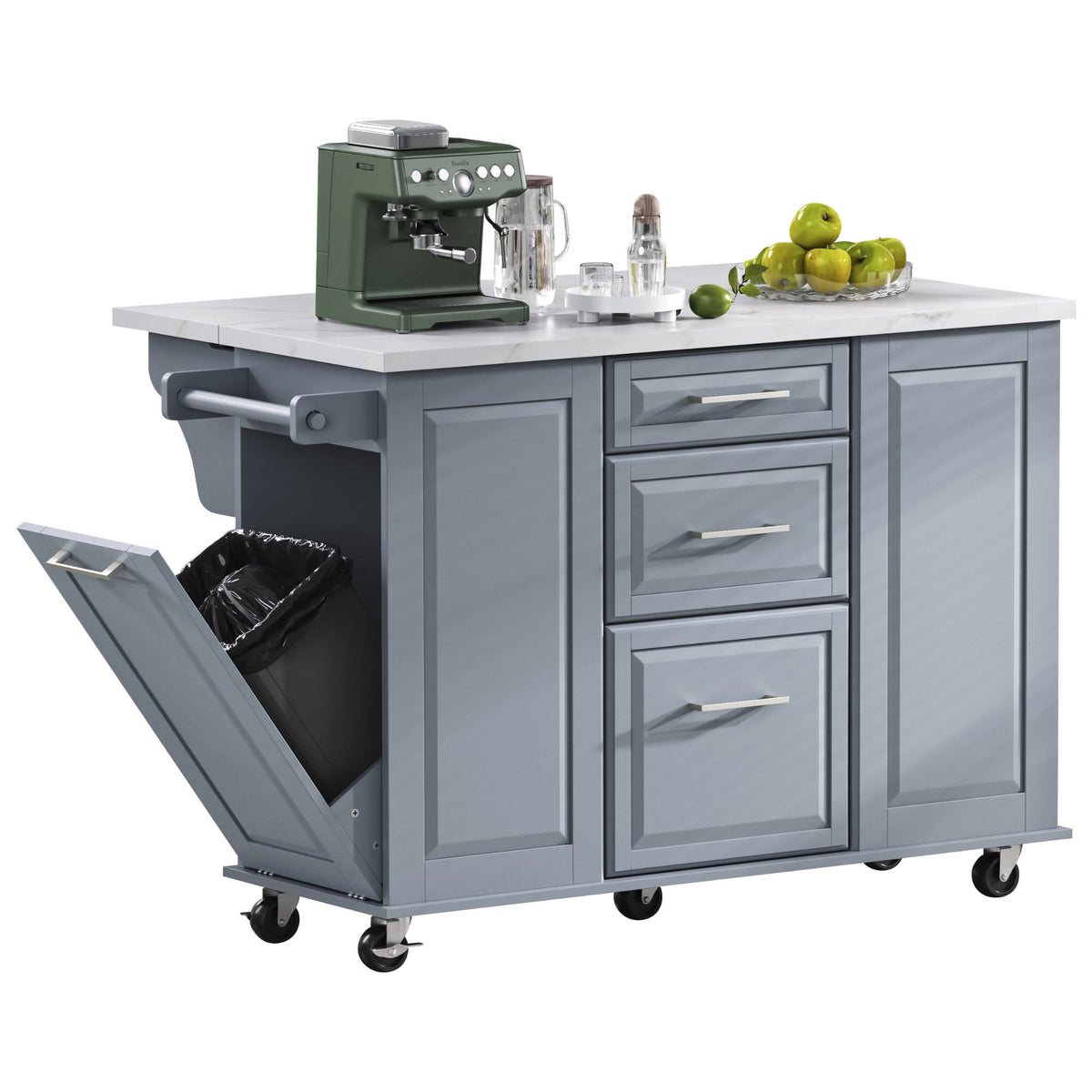 K&K 50.7" Kitchen Island with Storage Tilt Trash Can Cabinet and Pull Out Cabinet Organizer – Blue