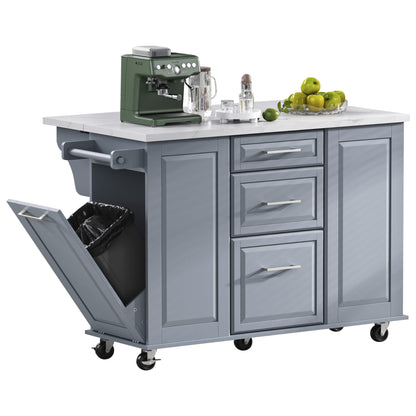 K&K 50.7" Kitchen Island with Storage Tilt Trash Can Cabinet and Pull Out Cabinet Organizer – Blue
