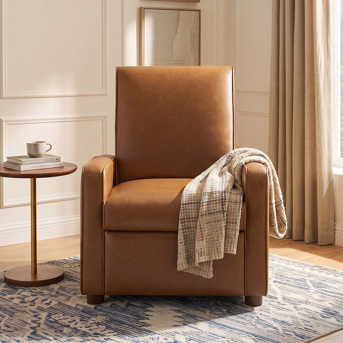 Modern Manual Recliner Chair PU Upholstered 2-Position Recliner with 160° Adjustable Backrest & Walnut Rubber Wood Legs for Living Room, Bedroom and Home Theater, Orange