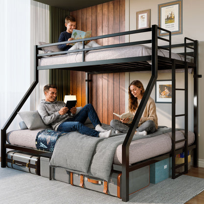 Heavy Duty Twin Over Queen Bunk Bed, Sturdy Metal Bunk Bed Frame with Flat Ladder & Full-Length Guardrail, 1000 lbs Capacity, Noise-Free, Easy Assembly, Space-Saving Industrial Bunk Beds , Black