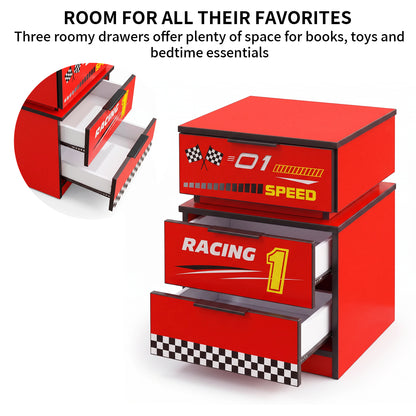 Kids Racing Car 3-Drawer Nightstand with Smart RGB LED Light, App/Remote/Music Sync Bedside Storage Cabinet, Fully KD
