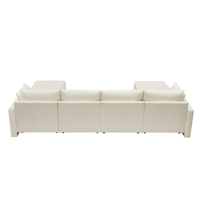 132" Cloud Modular Sectional Sofa, Deep Seat U Shaped Couch with Ottoman, Chenille Upholstered Sofa with Chaise, Plush Cushions, 6 Seat Modern Comfy Couch for Living Room & Apartment, Beige