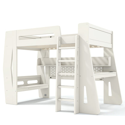Twin/Full Size Gaming Loft Bed, All-in-One Gaming Bed with Desk, Gaming Bed with Storage, Gaming Loft Bed with Led Light, Esports Style Loft Bed Frame for Teens, Space Saving Loft bed.Beige