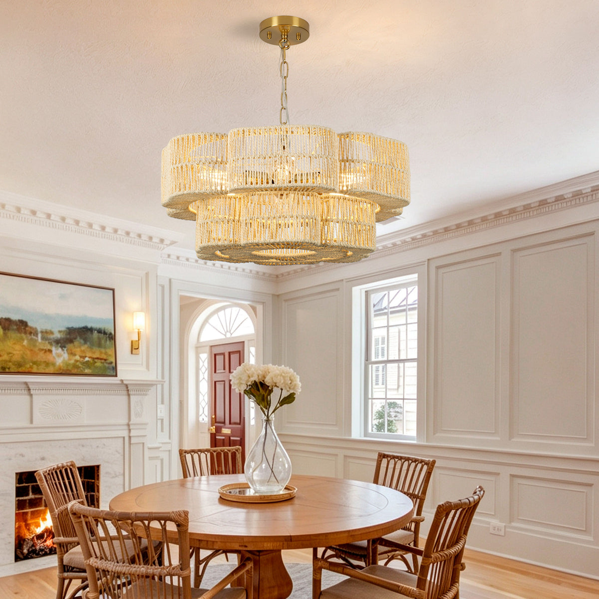 21.65" 2-Tier Gold Paper Rope Chandelier, 6xE26 Max 60W Pendant Light with Adjustable Hanging Chain