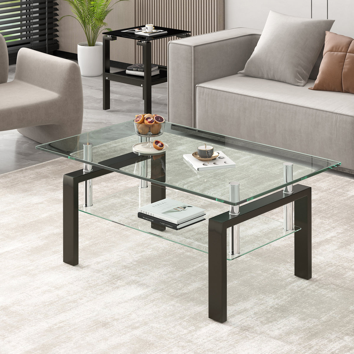Tempered Clear Glass Coffee Table, 2-Layers Coffee Table Living Room Center Table 100x55x45