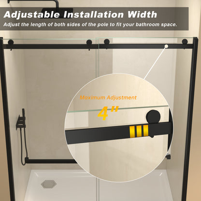 Semi-frameless Double Sliding Glass Shower Doors, 60" Width x 76"Height with 3/8"(10mm) Clear Tempered Glass, Matt Black