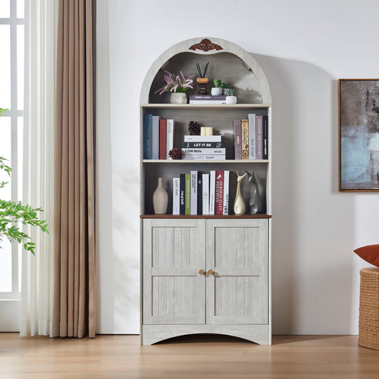 Arched Storage Cabinet with Decorative Applique, MDF Anti-Scratch Surface Sideboard, Adjustable Shelves & Hinges, Anti-Tip Strap, Freestanding Storage Bookcase Wine Cabinet for Dining Living Room