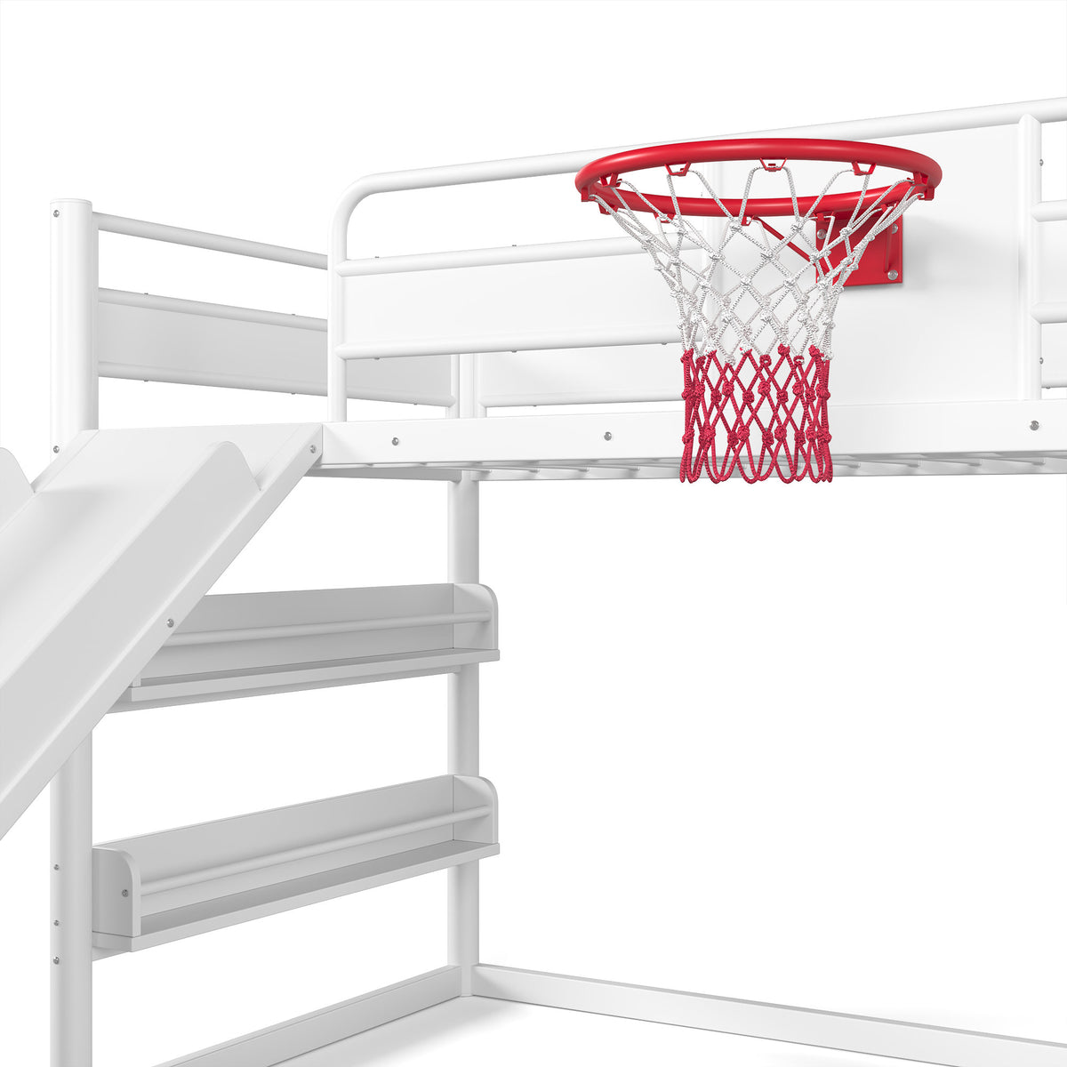 Twin size metal loft/bunk bed with basketball hoop, pull-up rings, climbing wall, and built-in bookshelves. Playful children's design featuring a slide,White.