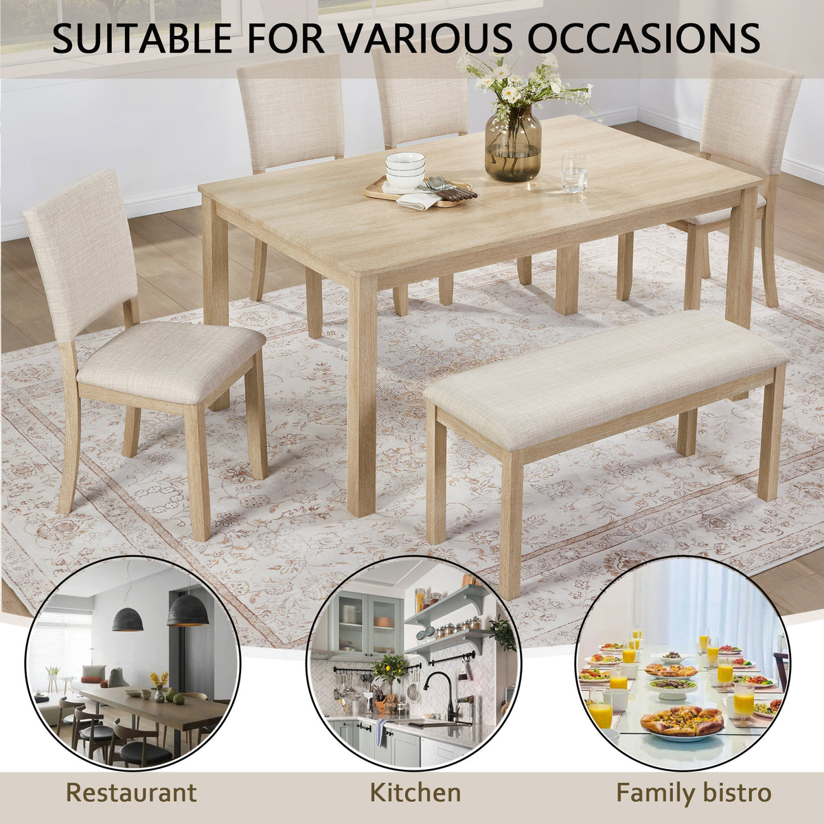 6 Piece Dining Table Set with Bench, Wooden Rectangular Kitchen Table Set with Bench and 4 Upholstered Chairs, Light Oak & Beige