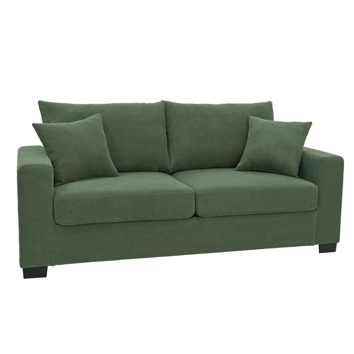 69-inch two-seater  Sofa with Textured Fabric, Comfortable Upholstered Couch with 2 Throw Pillows and Sturdy Plastic Legs for Living Room, Apartment, Office,  Dark Green