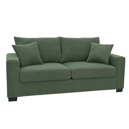 69-inch two-seater  Sofa with Textured Fabric, Comfortable Upholstered Couch with 2 Throw Pillows and Sturdy Plastic Legs for Living Room, Apartment, Office,  Dark Green