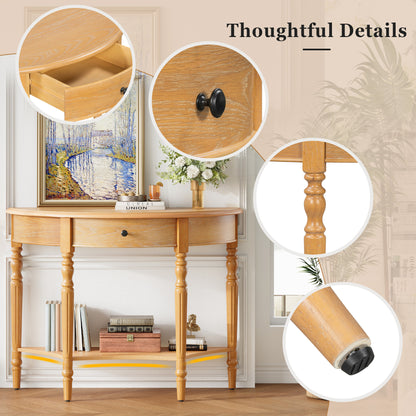 TREXM Farmhouse Half Moon Console Table with Drawer & Shelf - Rustic Accent Table, Sofa Table, Hallway and Foyer (Natural)
