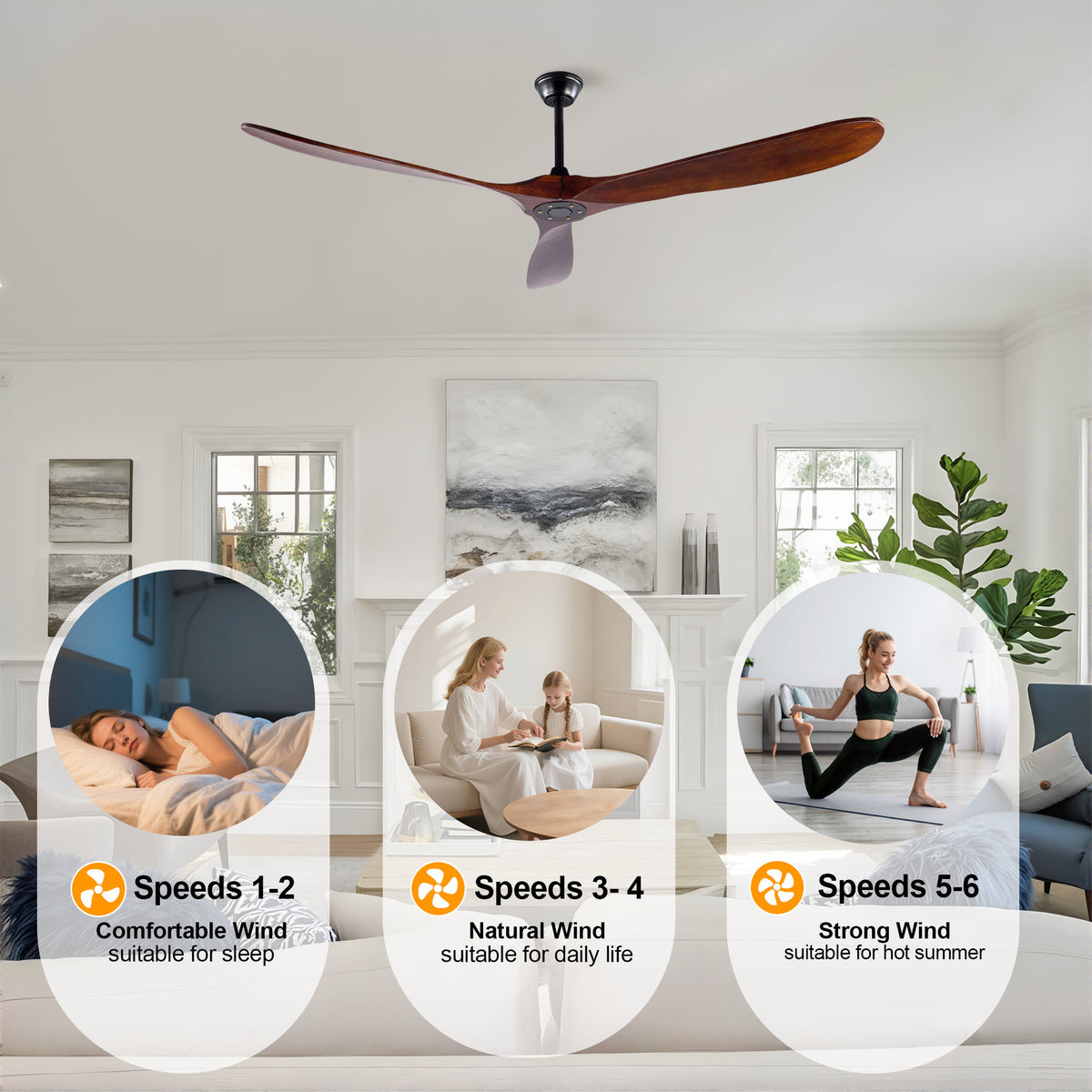 72 Inch Ceiling Fan with 3 Solid Wood Blades, Reversible Quiet DC Motor, Remote Control, Modern Farmhouse Ceiling Fan for Large Living Room Villa Indoor